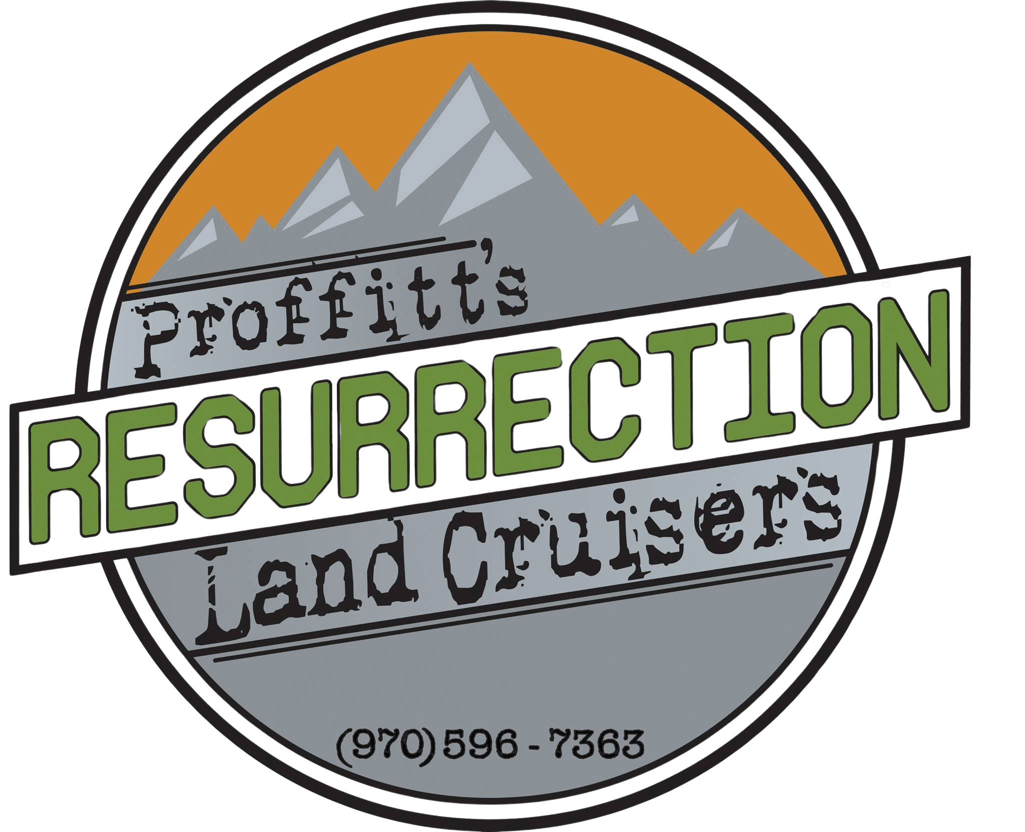 A green and white logo for profitts resurrection land cruisers.